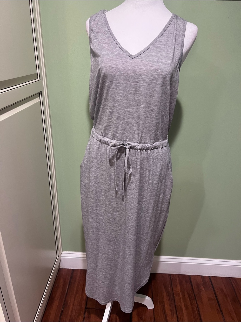 Sleeveless V-Neck Grey Drawstring Maxi Dress